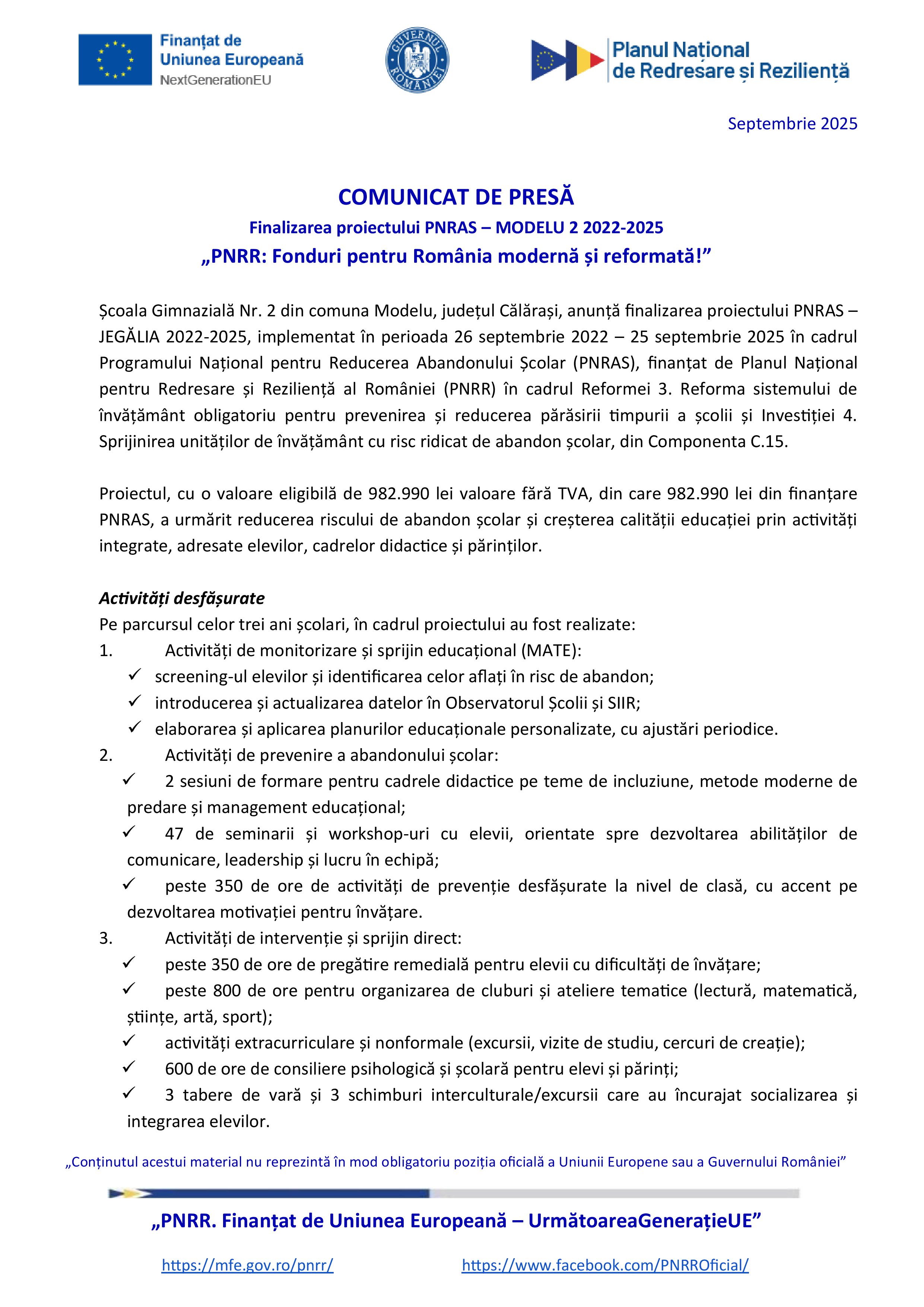 COMUNICAT DE PRESĂ  Finalizarea proiectului PNRAS – MODELU 2 2022-2025